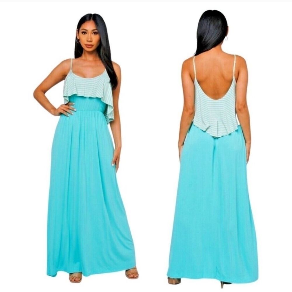 Emerald. Aqua Blue and Gray Ruffle Neck Spaghetti Strap Maxi Dress